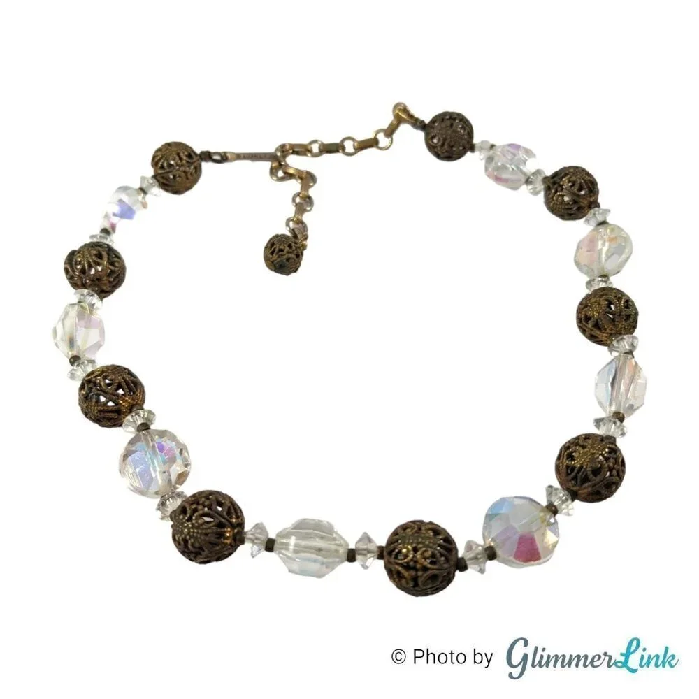 Vintage 1960s Lisner Aurora Borealis Filigree Beads Choker Necklace
